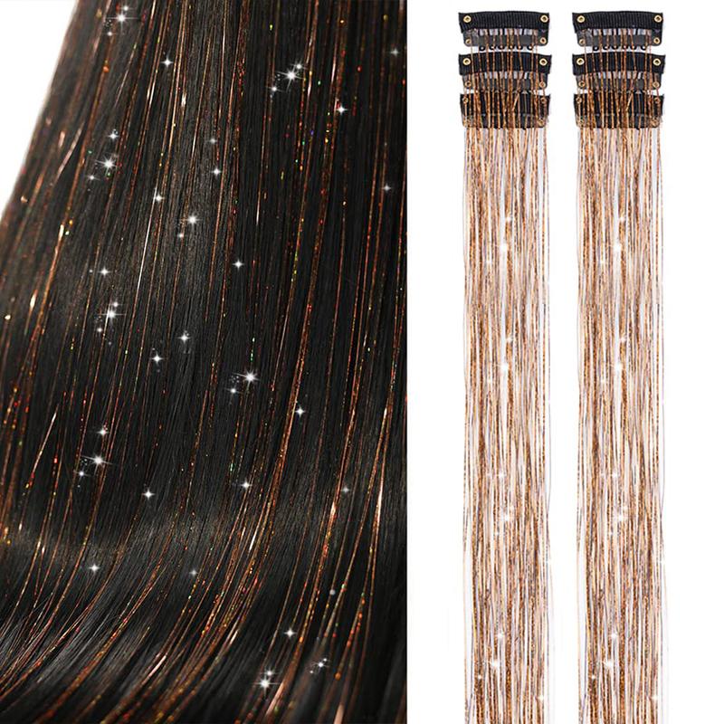 Clip in Hair Tinsel, Pack of 6 Pcs 24 Inch,Glitter Tinsel Hair Extensions 24 Inches, Festival Tinsel Fairy Hair Extension