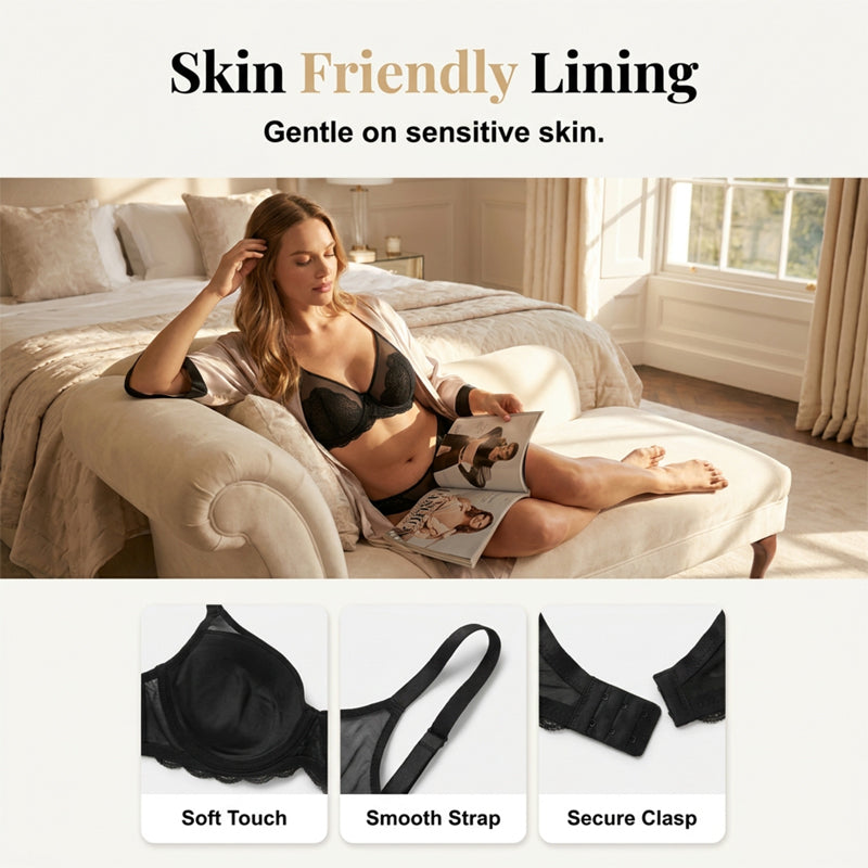 💜Mermaid Scales Sexy Lace Plus Size Unlined Underwire Non-padded Full Coverage Minimizer Bra with Back Smoothingfor Women Large Bust