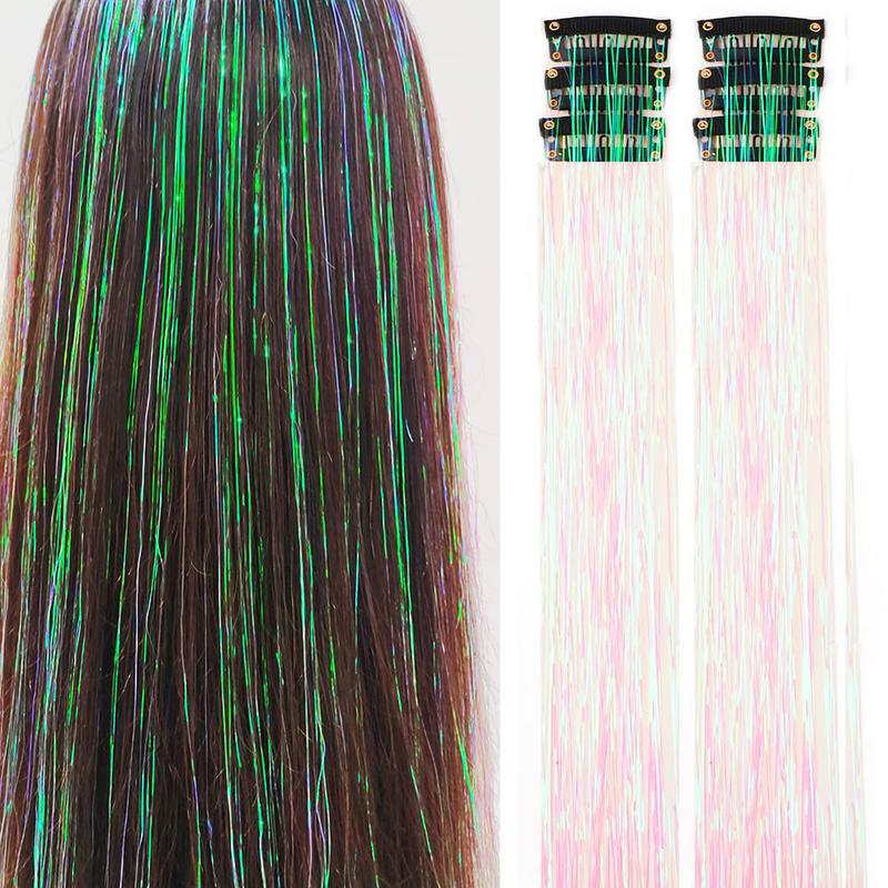 Clip in Hair Tinsel, Pack of 6 Pcs 24 Inch,Glitter Tinsel Hair Extensions 24 Inches, Festival Tinsel Fairy Hair Extension