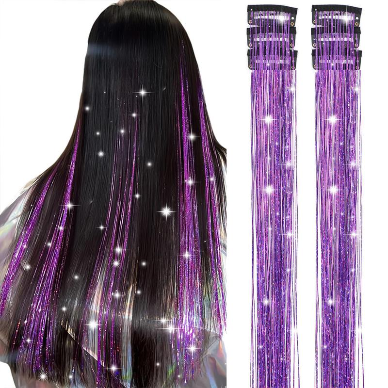 Clip in Hair Tinsel, Pack of 6 Pcs 24 Inch,Glitter Tinsel Hair Extensions 24 Inches, Festival Tinsel Fairy Hair Extension