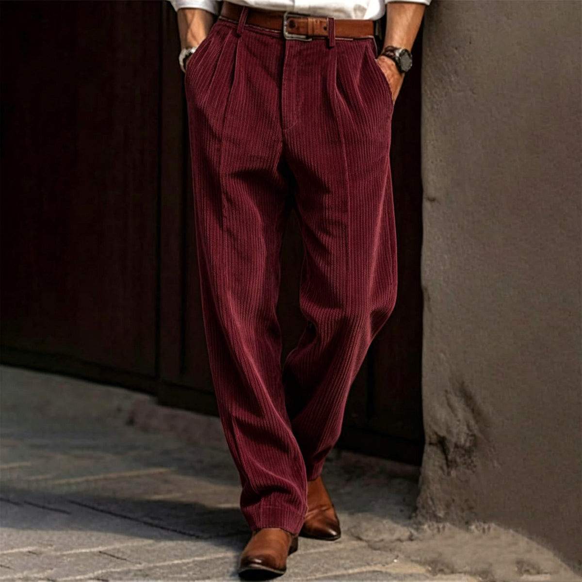 Men High Waist Striped Corduroy Loose Pants