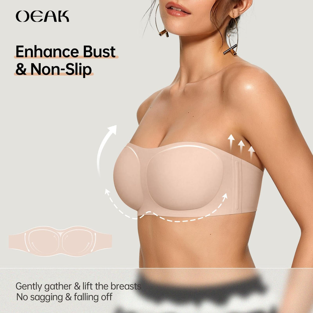 💞💞Womens Strapless Bras Push Up Bandeau Bra Non Slip Wireless Supportive Padded Bras Seamless Comfortable Tube Jelly Bra