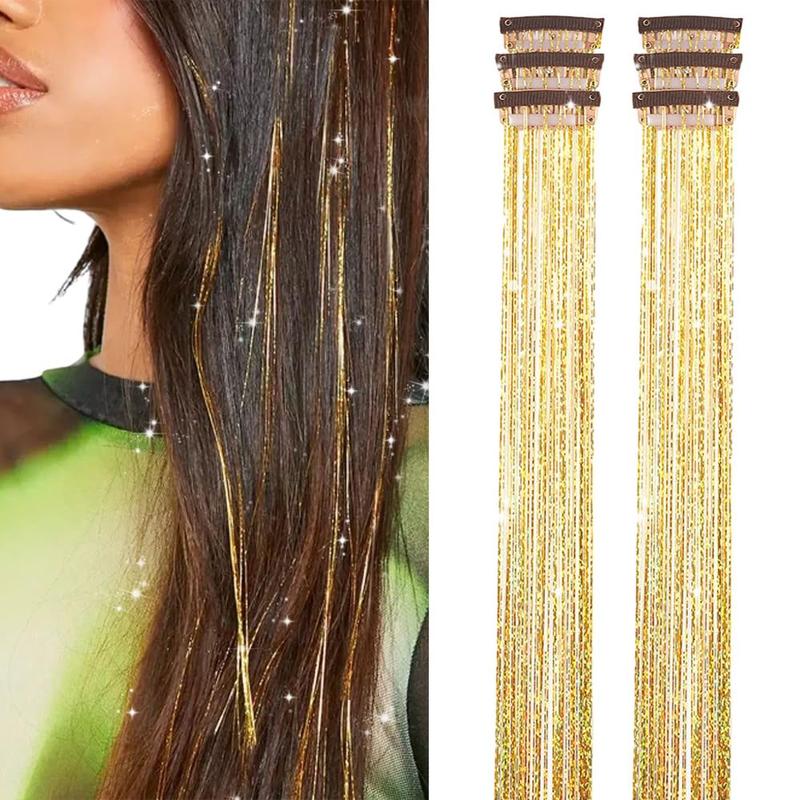 Clip in Hair Tinsel, Pack of 6 Pcs 24 Inch,Glitter Tinsel Hair Extensions 24 Inches, Festival Tinsel Fairy Hair Extension