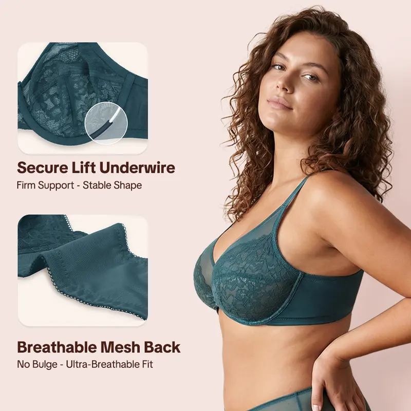 💜Enchante Floral Lace Plus Size Underwire Unlined Unpadded Minimizer Full Coverage Bra Women's Wear Comfortable Breathable Mesh Cup